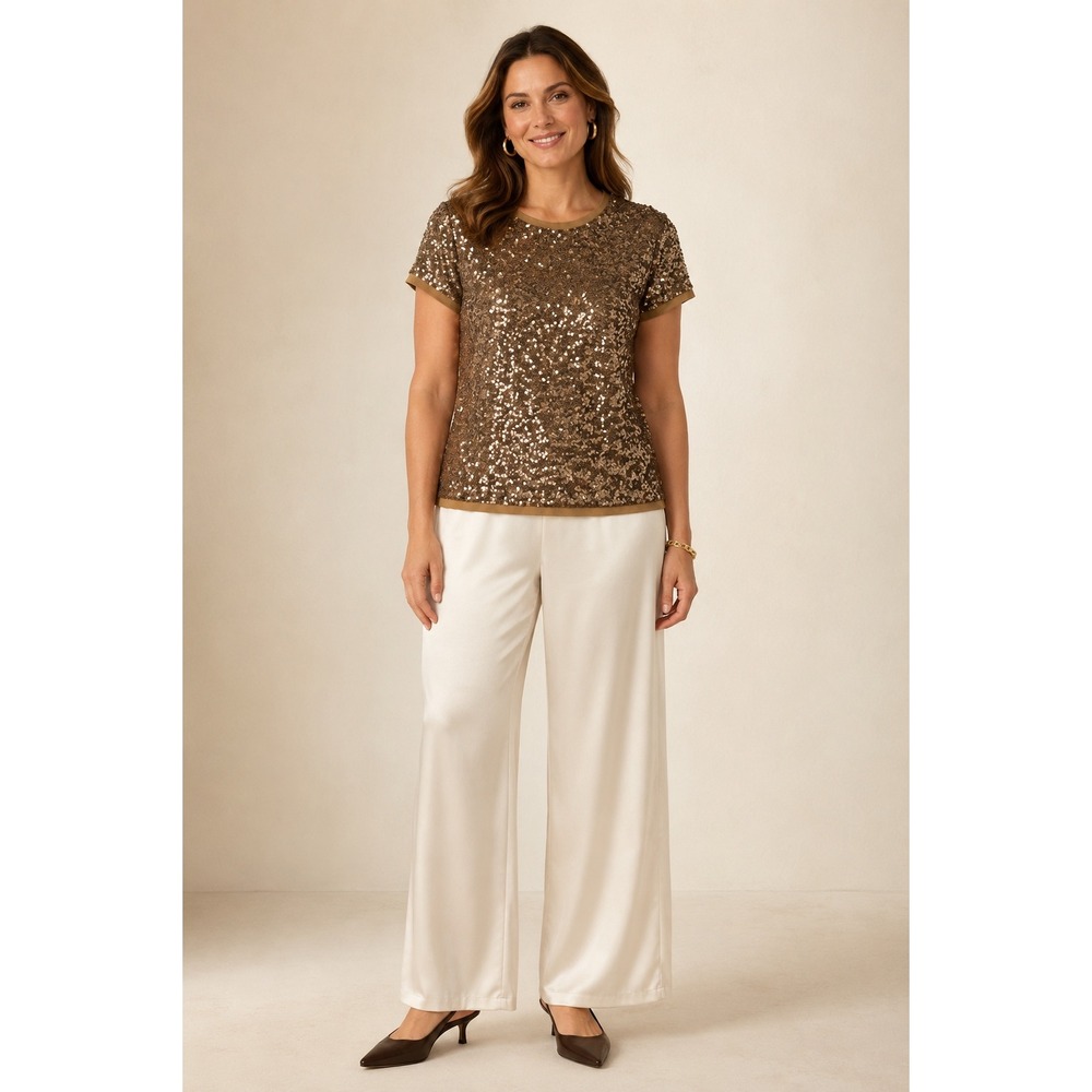 Talbots 14P Bronze Gold Sequin Silk Top Short Sleeve Holiday Party